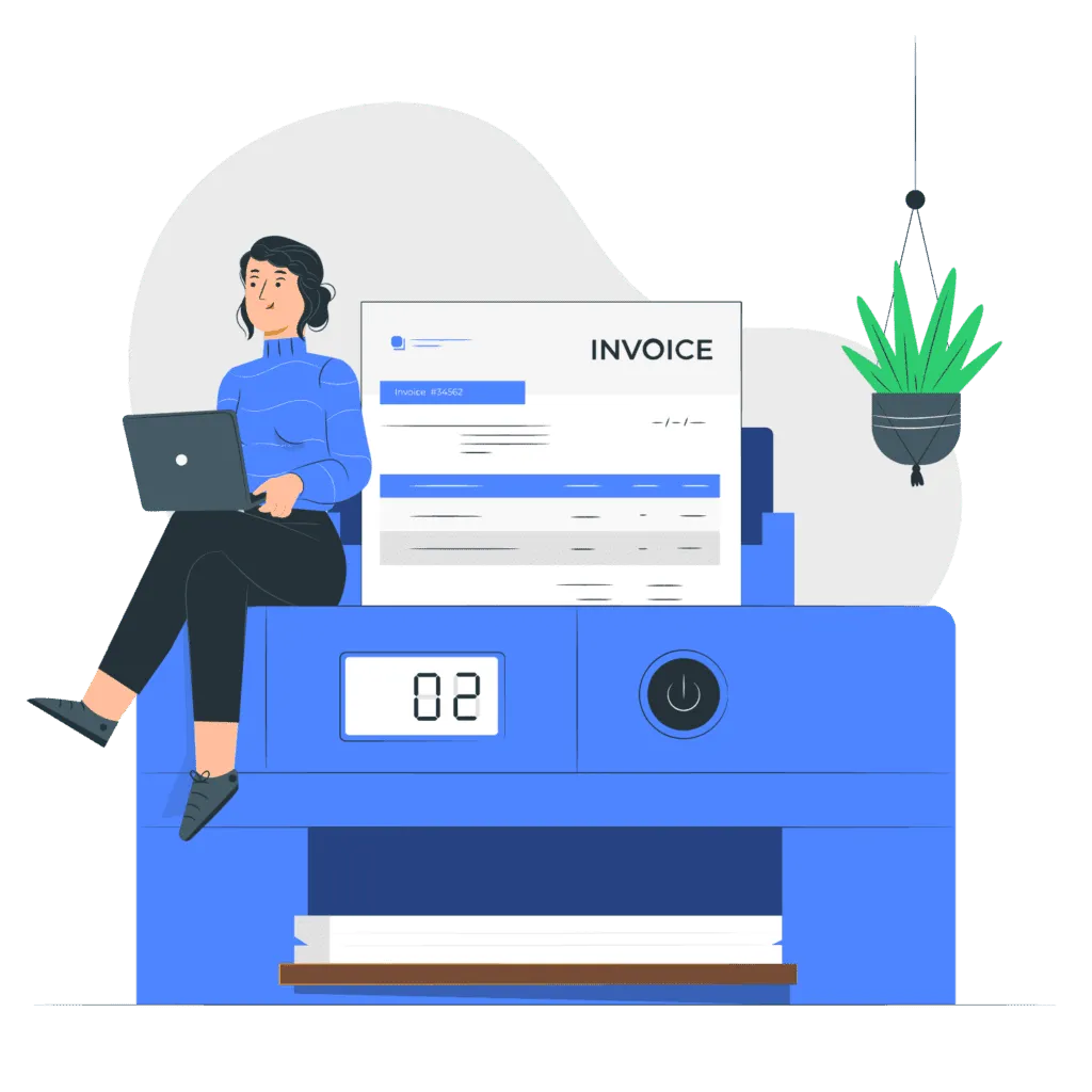 Woman with laptop beside printer printing INVOICE; Invoice #34562 visible; digital display 08; hanging plant workspace