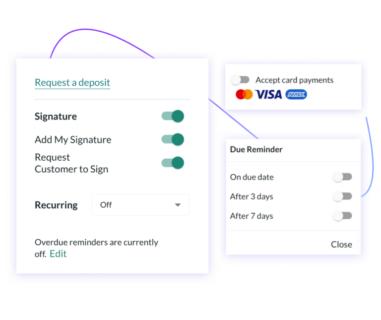 Request for signatures, set billing types and due date reminders on your invoices.