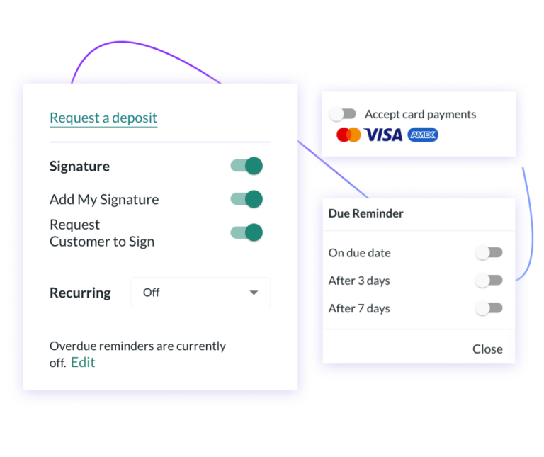 Request for signatures, set billing type, payment method and due date reminders when you use our invoice generator web or mobile app.