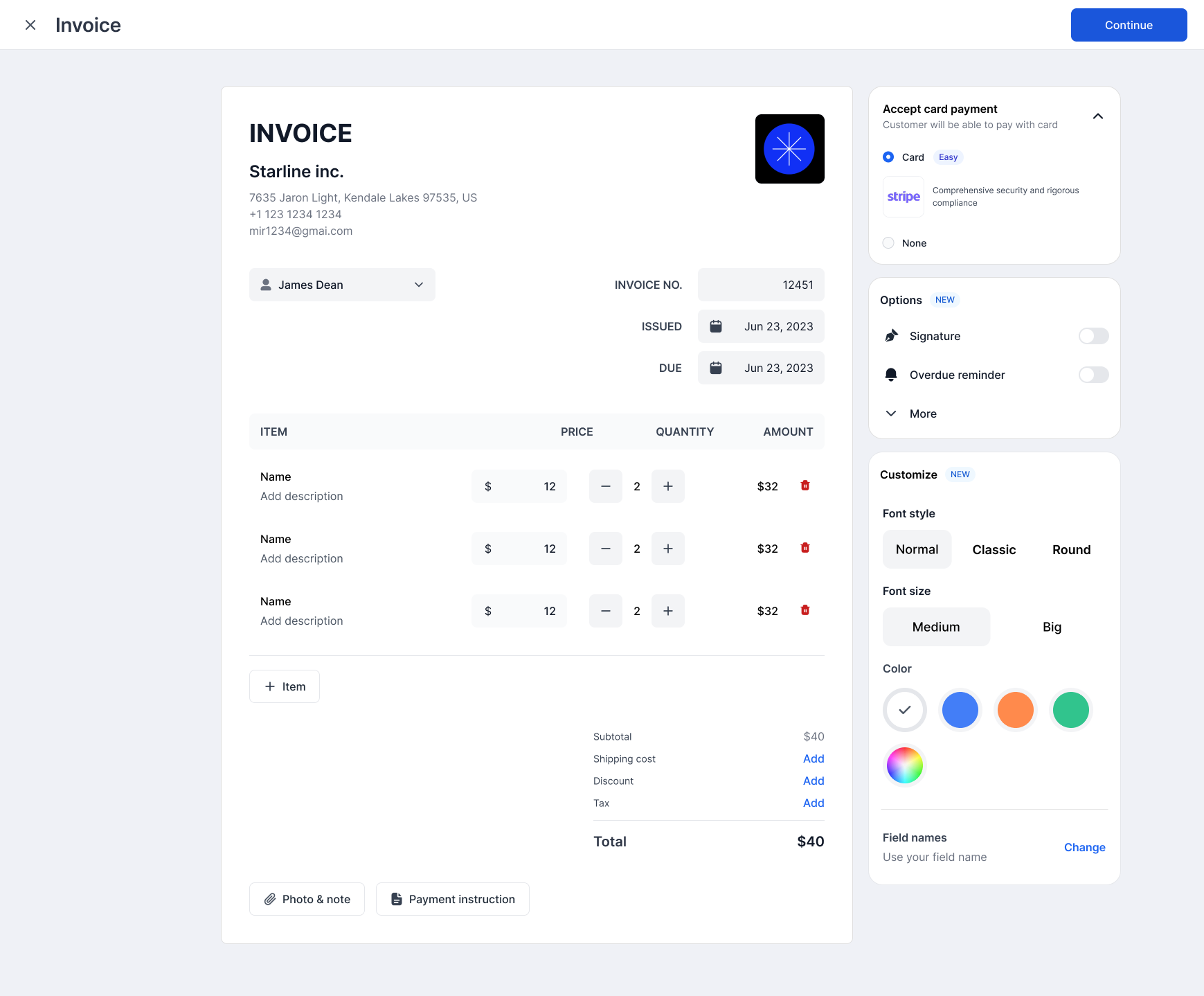 Bookipi invoice with line items, totals, and a Send button