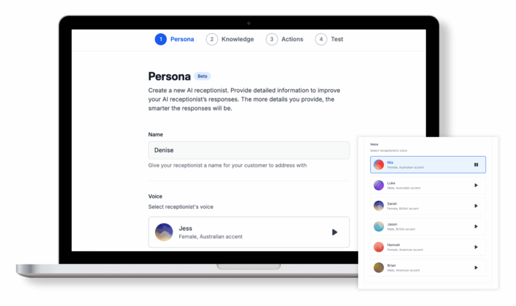 Choose how your AI receptionist will sound like with natural conversational options