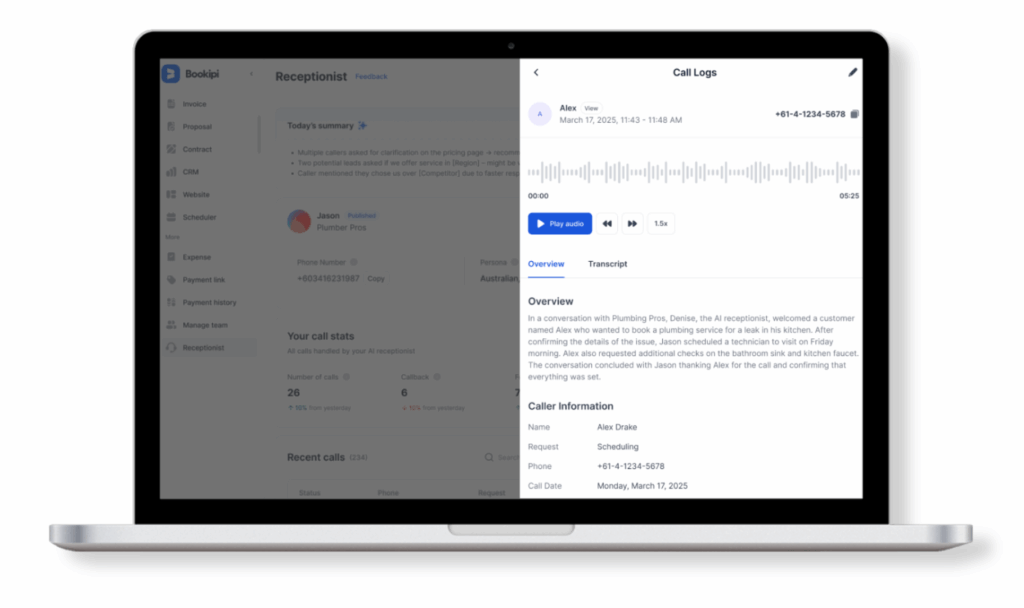 Record calls with Bookipi AI Receptionist