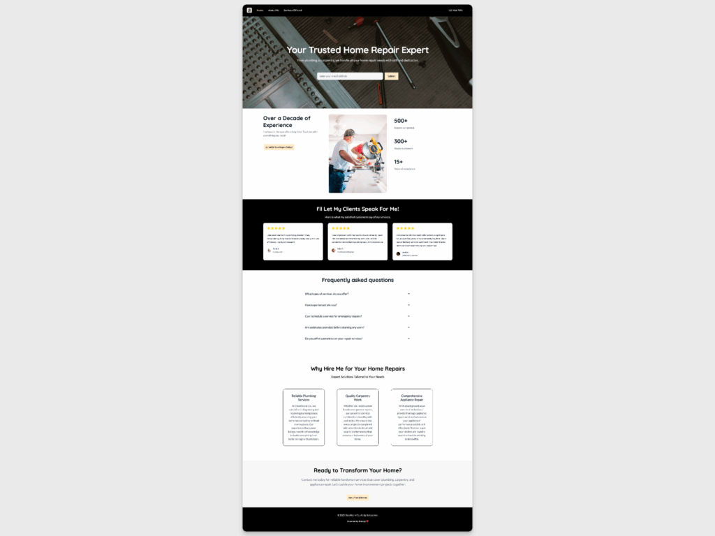 AI website example for a handyman service showing tool imagery, service lists, and a simple layout designed for home repair bookings.
