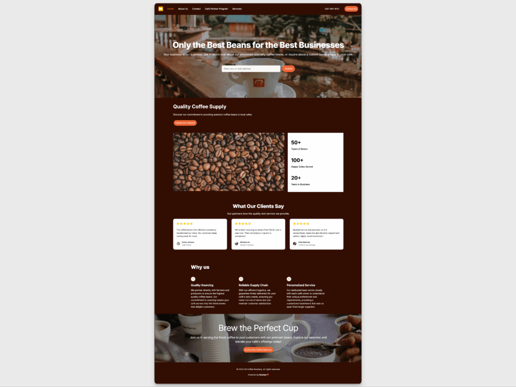 AI website example for a cafe featuring services offered to businesses, highlights, testimonials, interior photos, and services.
