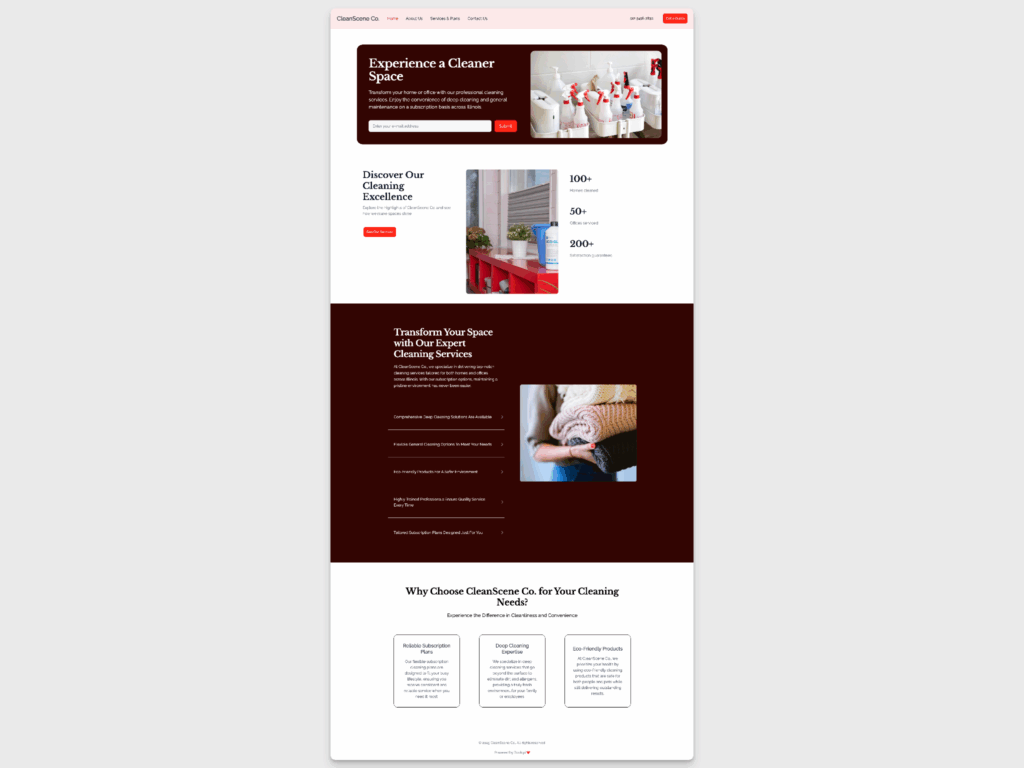 AI website example for a cleaning business showing a bright, modern layout with service highlights, pricing sections, and a hero image of professional cleaners.