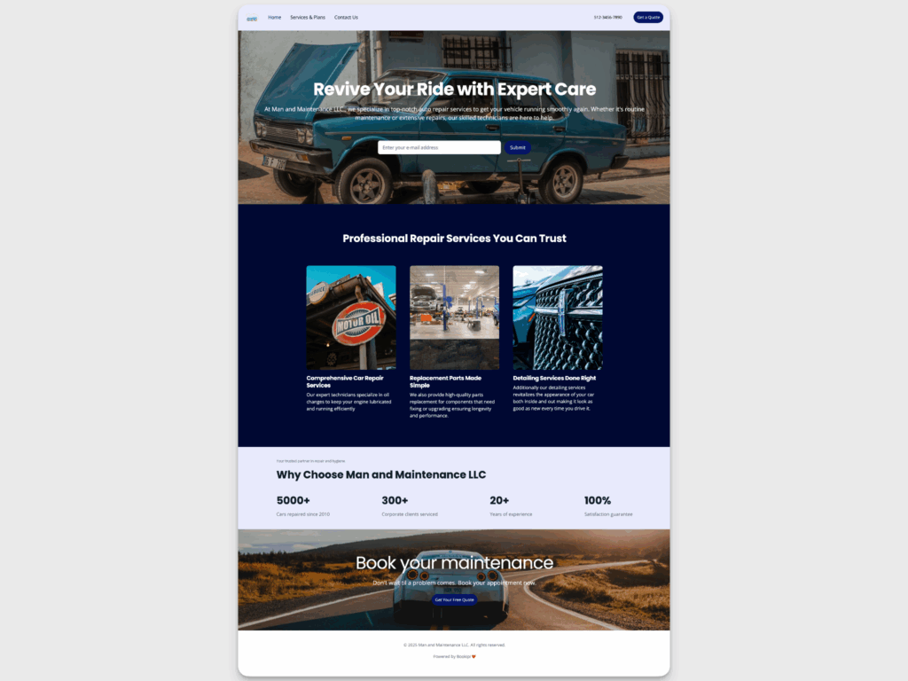 AI website example for an automotive repair shop featuring a bold header with mechanics working on a car, clear service categories, and booking details.