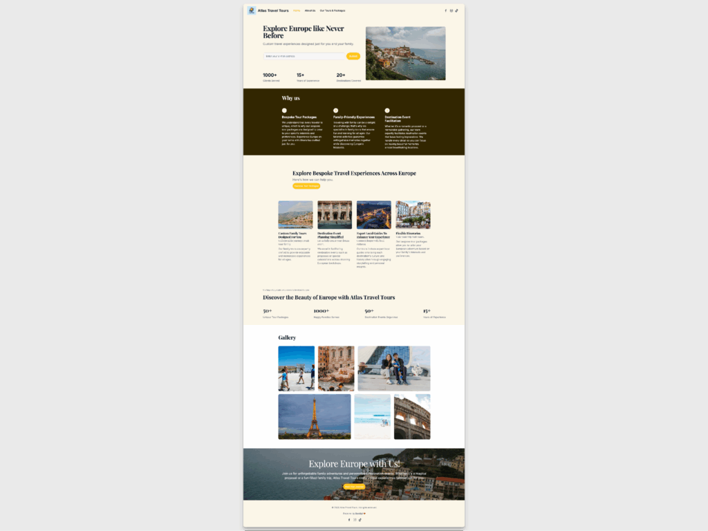 AI website example for a travel agency displaying destination photos, trip packages, and a clean layout promoting tours and travel planning services.