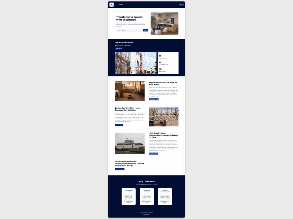 AI website example for a construction and renovation business showcasing project photos, service descriptions, and a strong professional hero section.