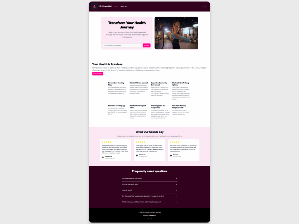 AI website example for a coaching business with a minimalist design, coach introduction, service offerings, and a clear call-to-action to book sessions.
