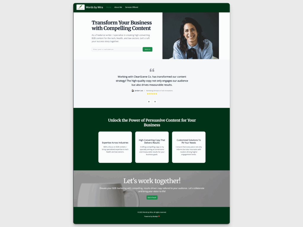 AI website example for a freelance copywriter featuring a clean, text-focused layout with portfolio sections and highlighted writing services.
