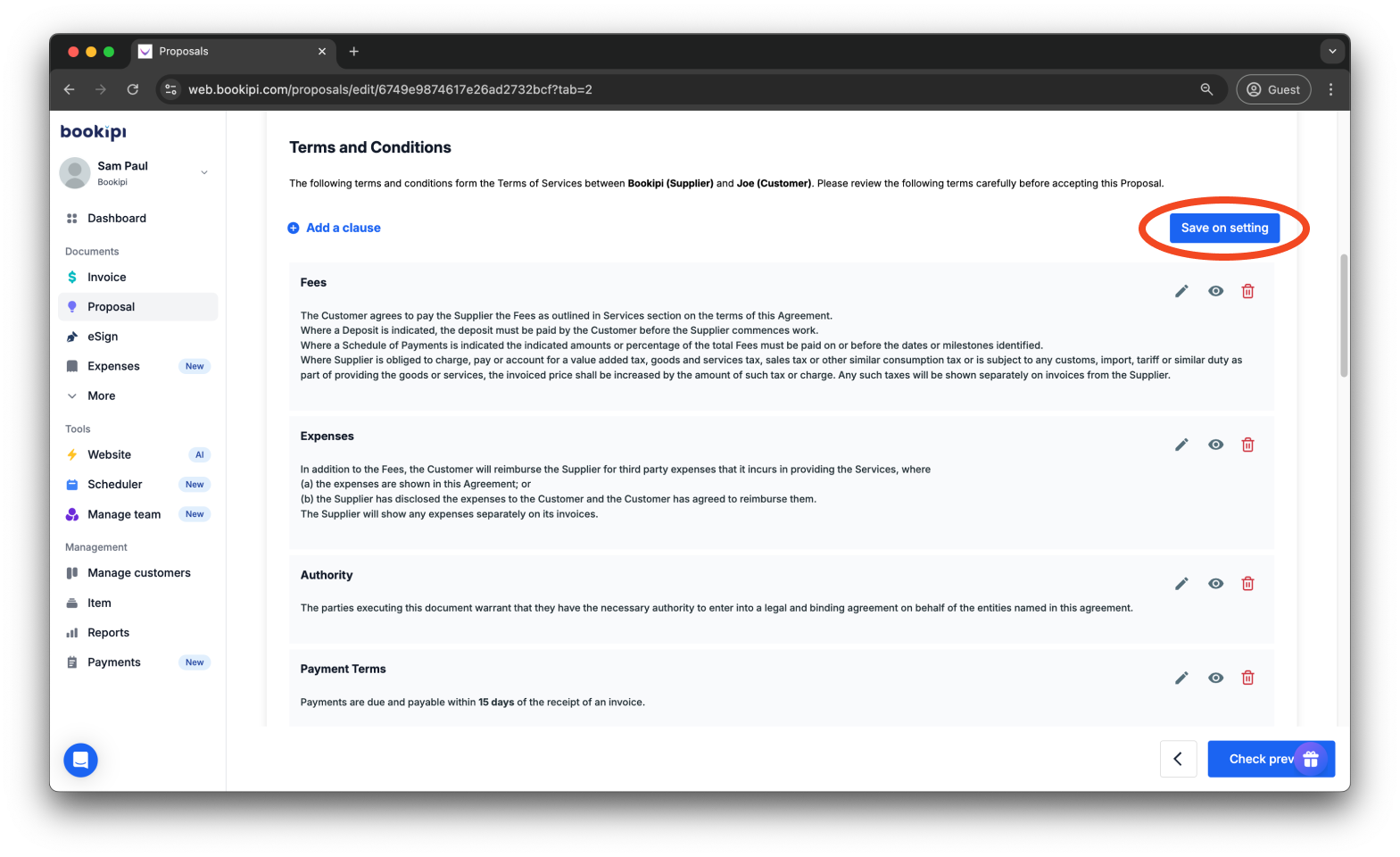 Bookipi Proposal Maker - How to set the terms and conditions for proposals - 19