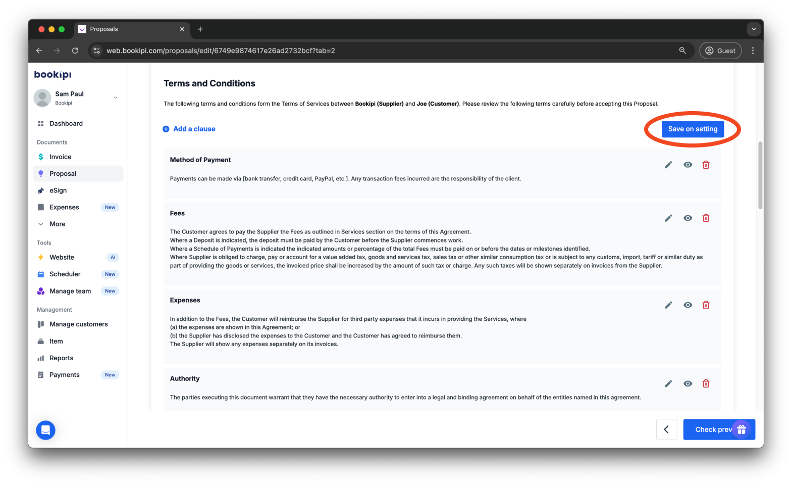 Bookipi Proposal Maker - How to set the terms and conditions for proposals - 8