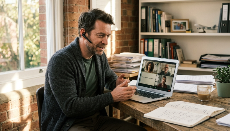 Man in a cardigan and headset gestures at a video call on his laptop, seated at a wooden desk with coffee and notebook by a brick wall.