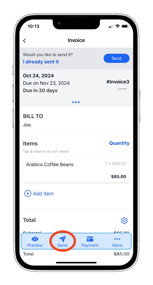 Invoice Mobile App - How to send an invoice and mark as sent - 2