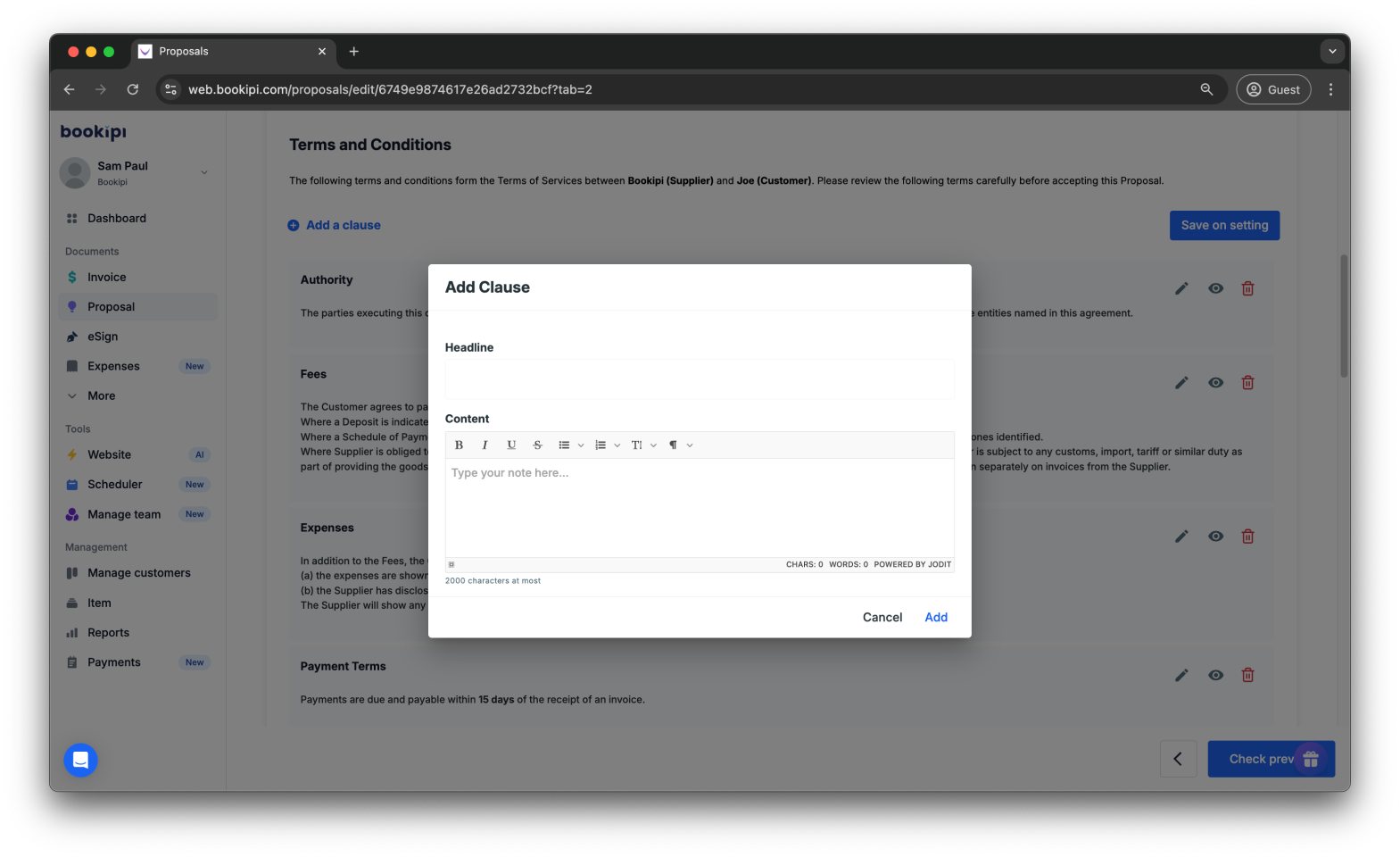 Bookipi Proposal Maker - How to set the terms and conditions for proposals - 6