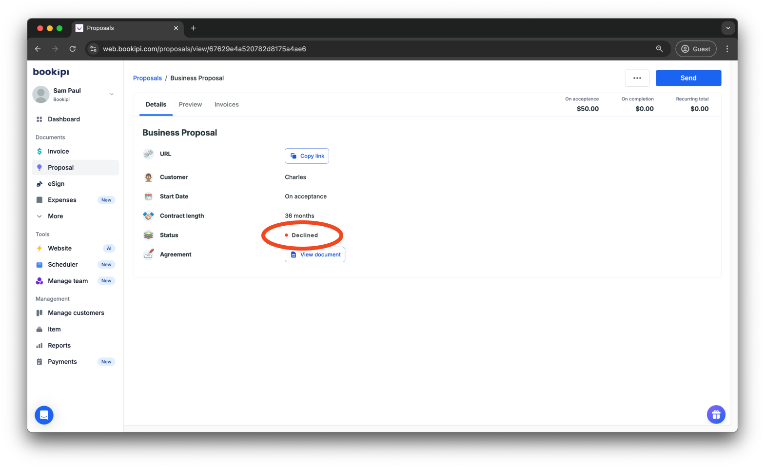 Bookipi Proposal Maker - How to mark a proposal as declined - 5