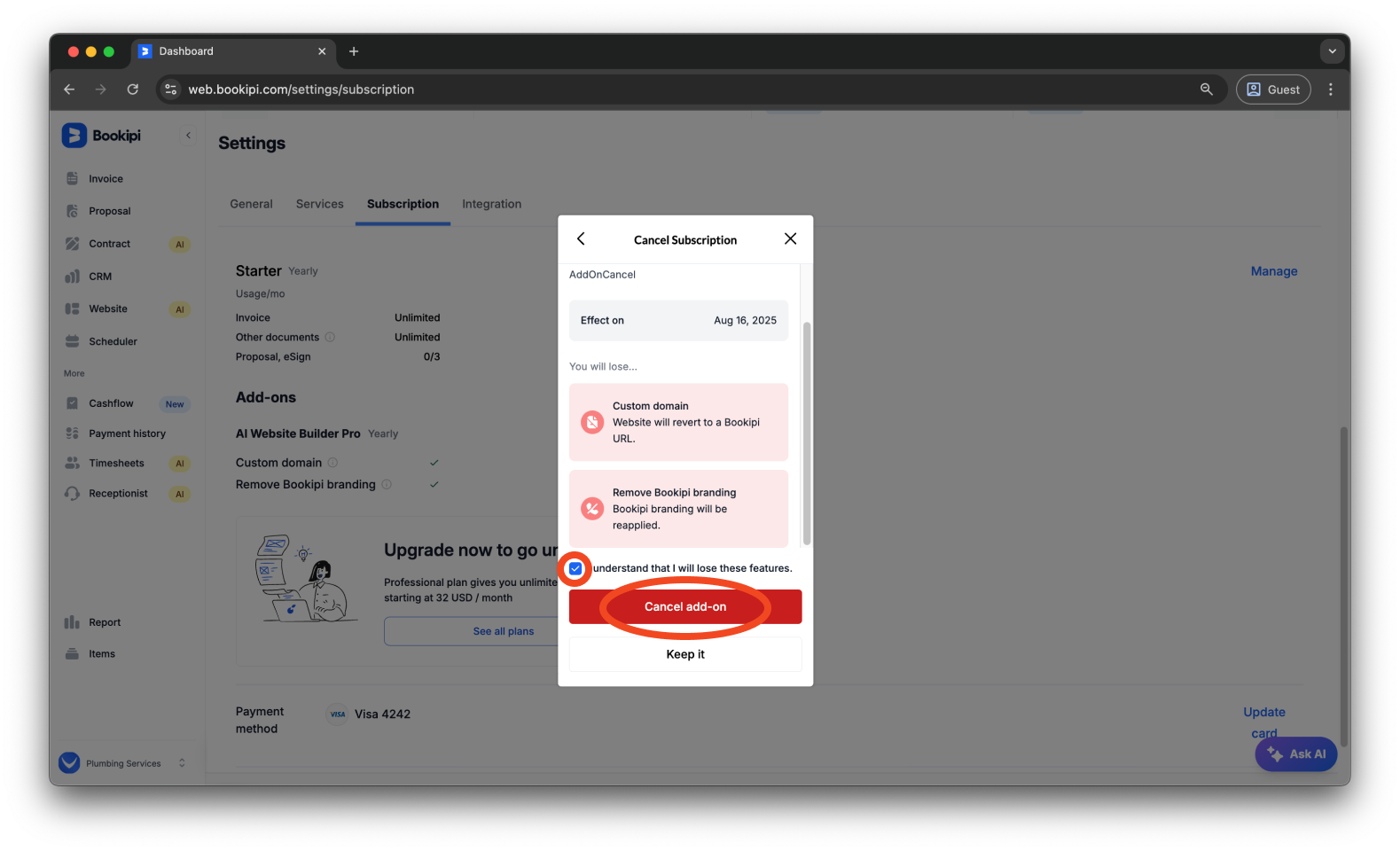 Bookipi AI Website Builder - How to cancel your Bookipi AI Website Builder Pro subscription - 7