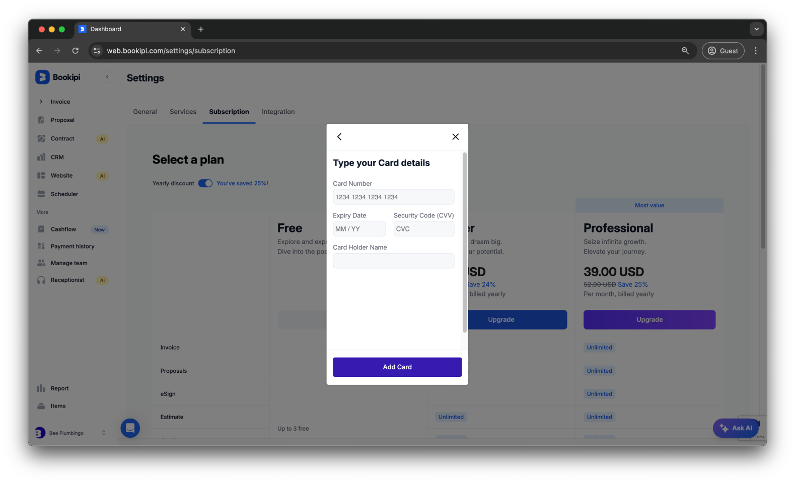Bookipi Subscriptions - How to upgrade from a Free Plan to a Starter Plan Subscription - 8