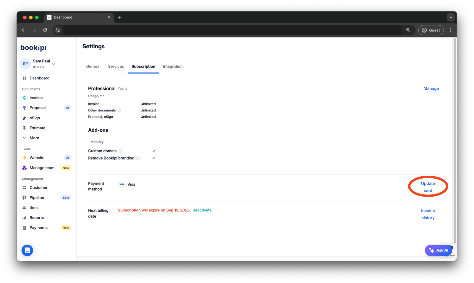 Bookipi Subscriptions - How to update your billing information for subscriptions - 4