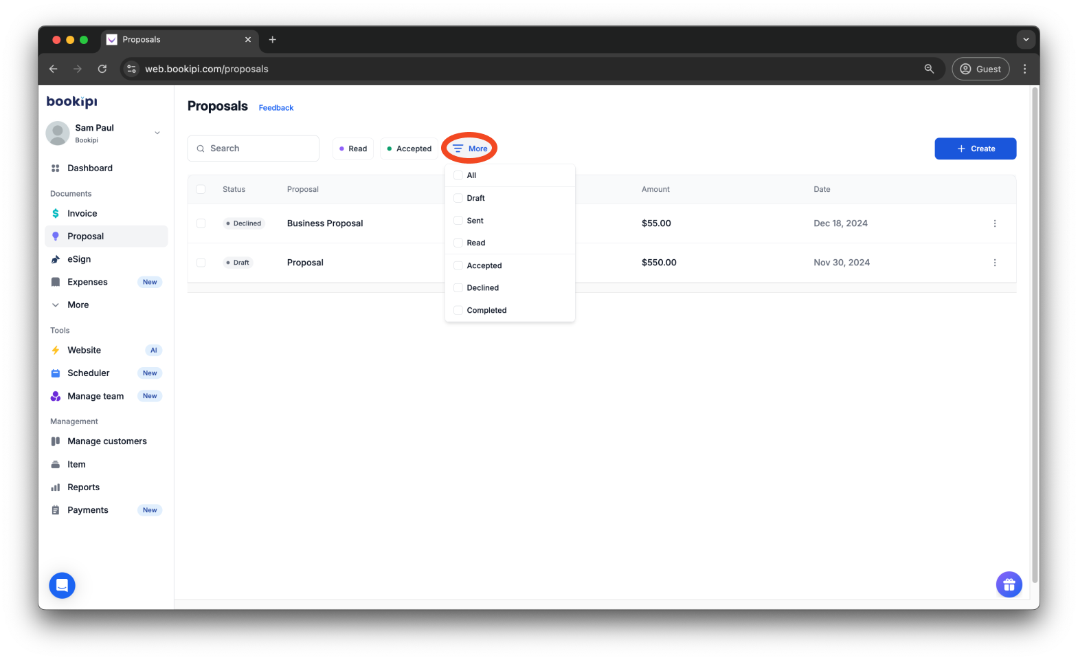 Bookipi Proposal Maker - How to filter proposals - 3
