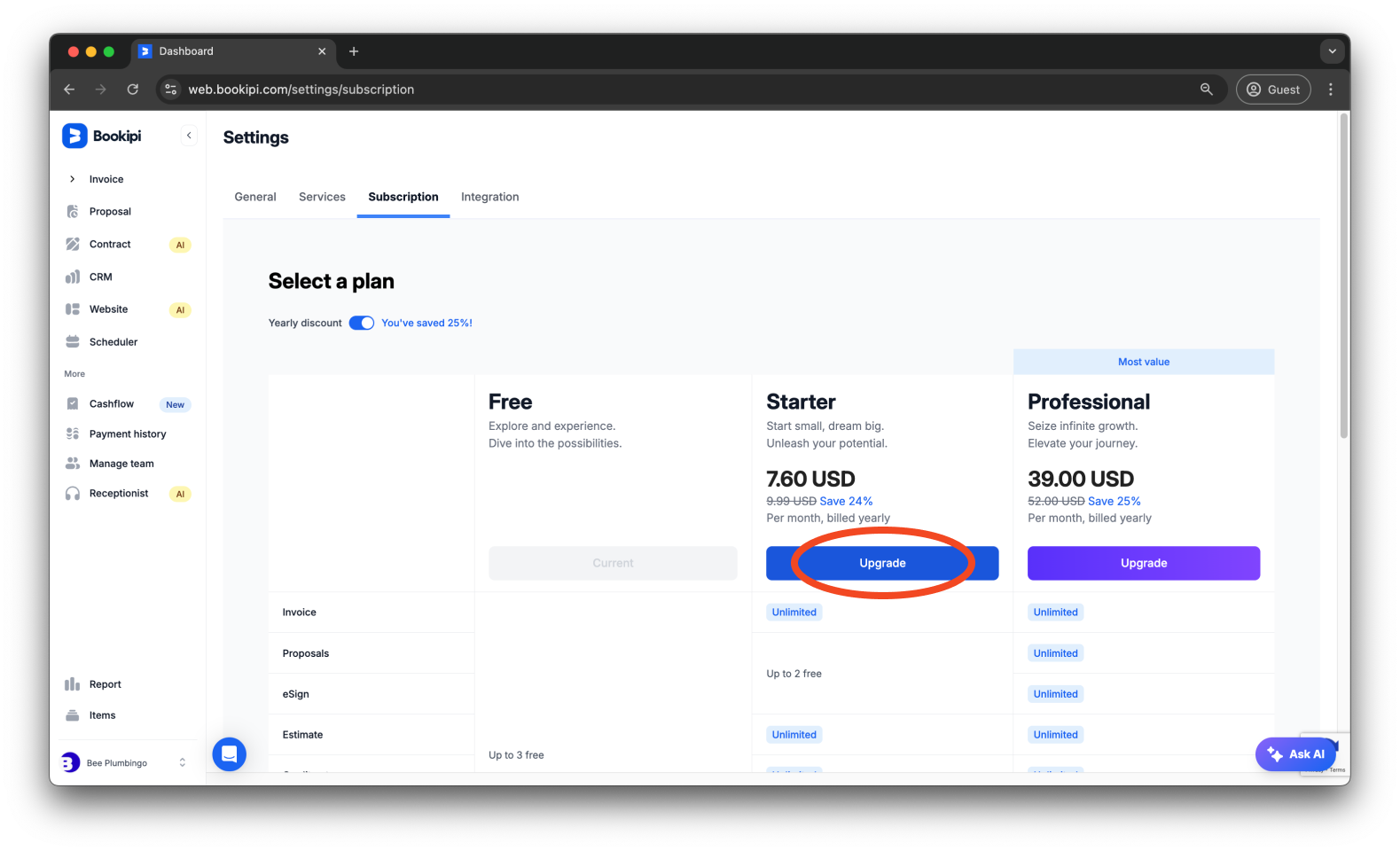 Bookipi Subscriptions - How to upgrade from a Free Plan to a Starter Plan Subscription - 7