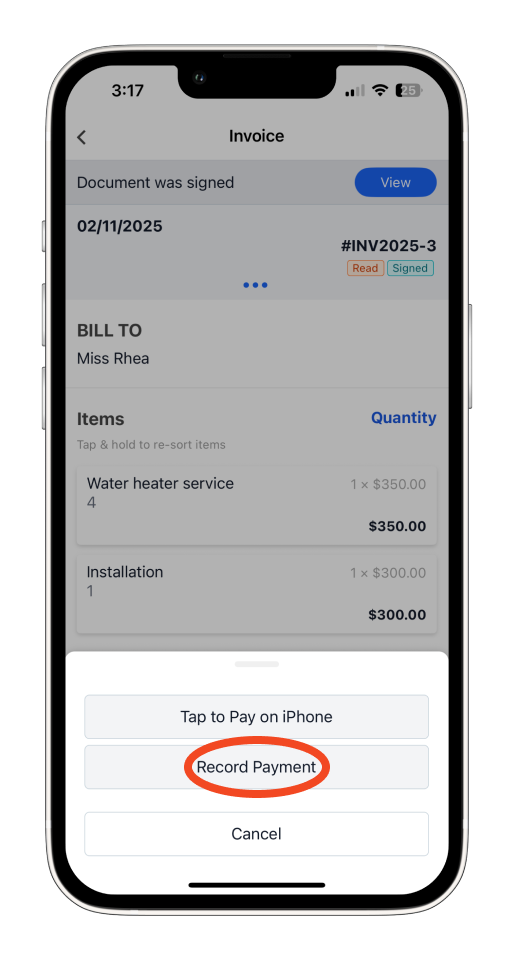 Invoice Mobile App - How to mark the invoice as paid and send a receipt using the mobile app - 3