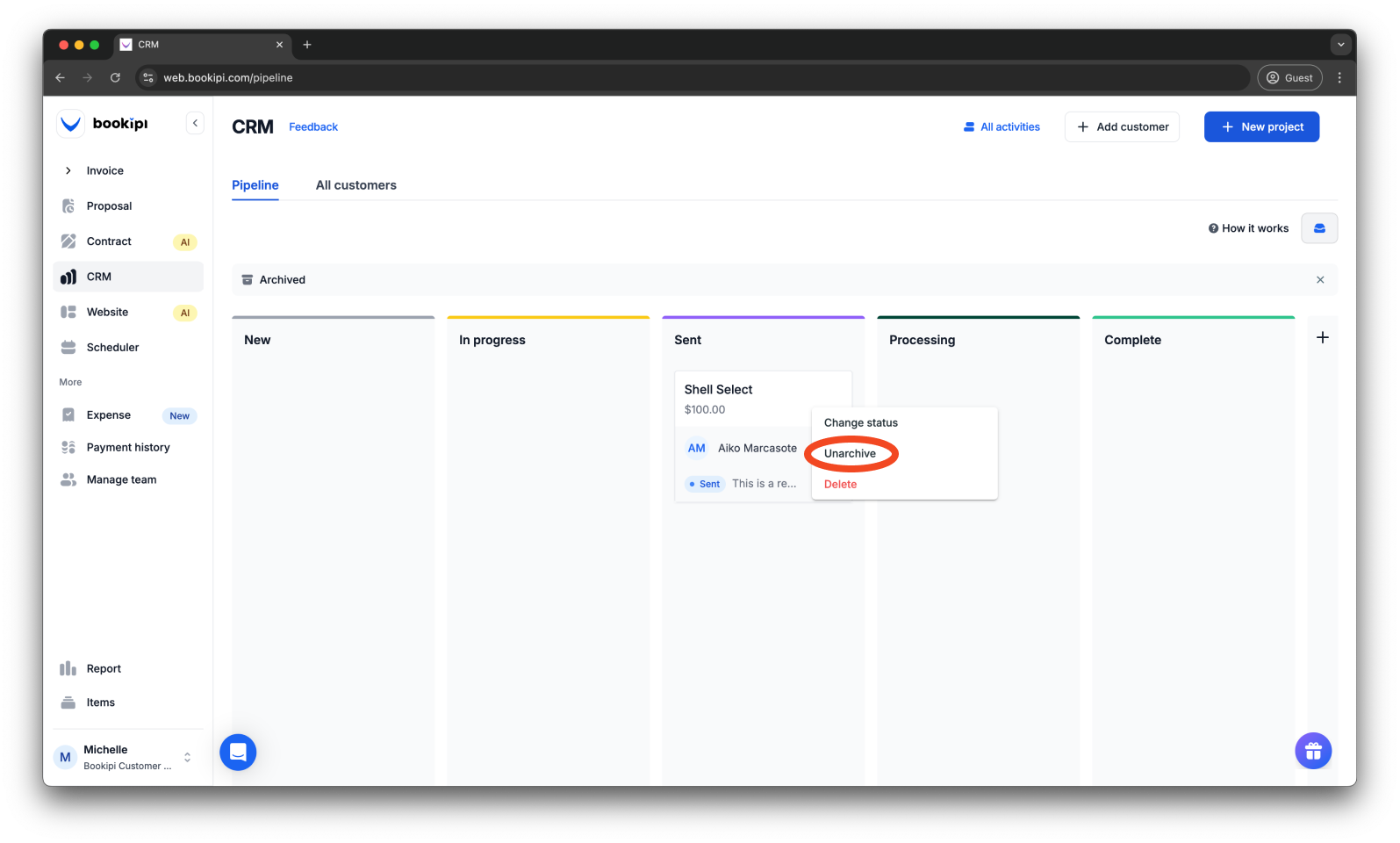 Uncategorized - How to archive or unarchive a project in Bookipi CRM - 9