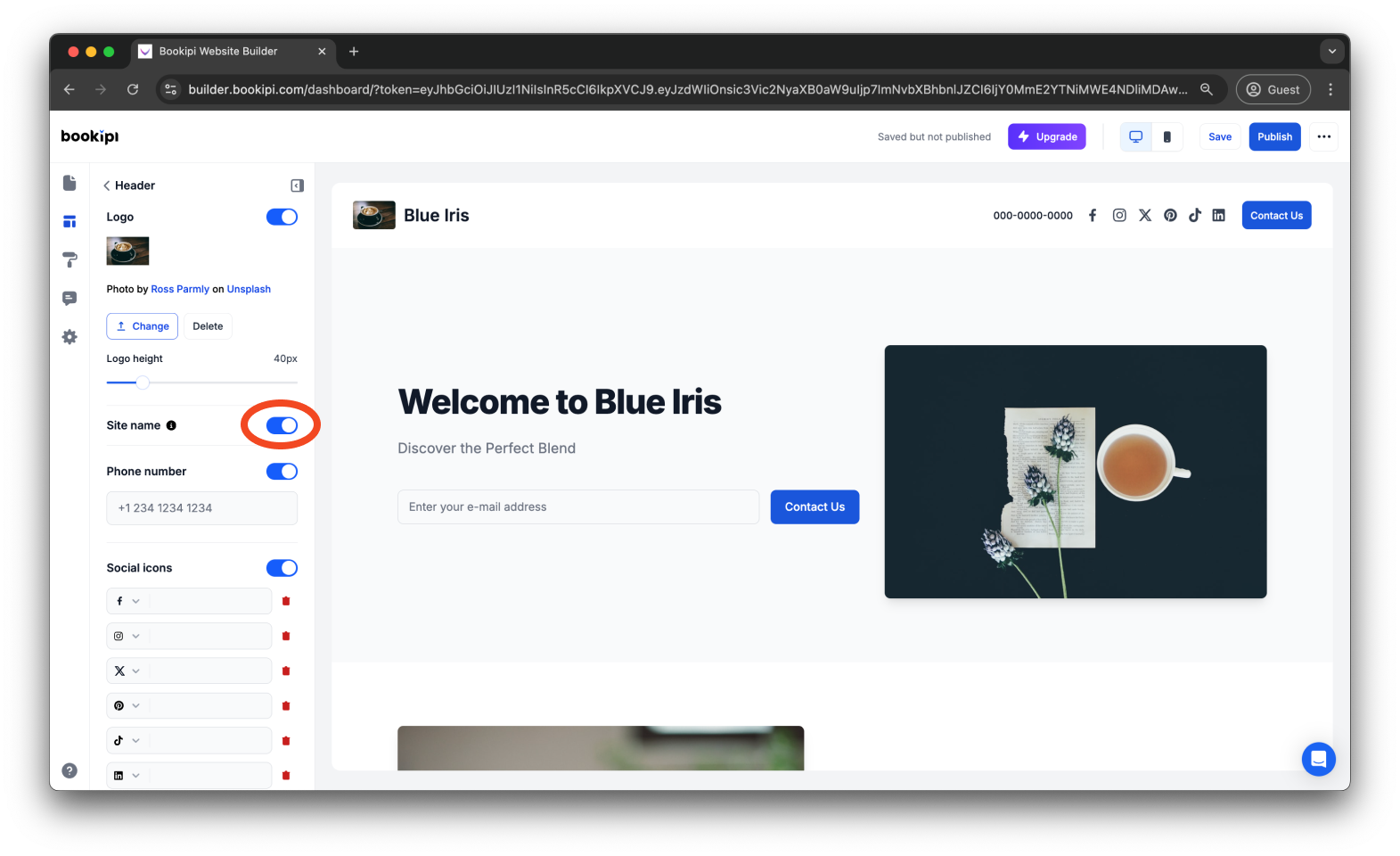 Bookipi AI Website Builder - How to add, edit, and disable your header site name in Bookipi AI Website Builder - 10