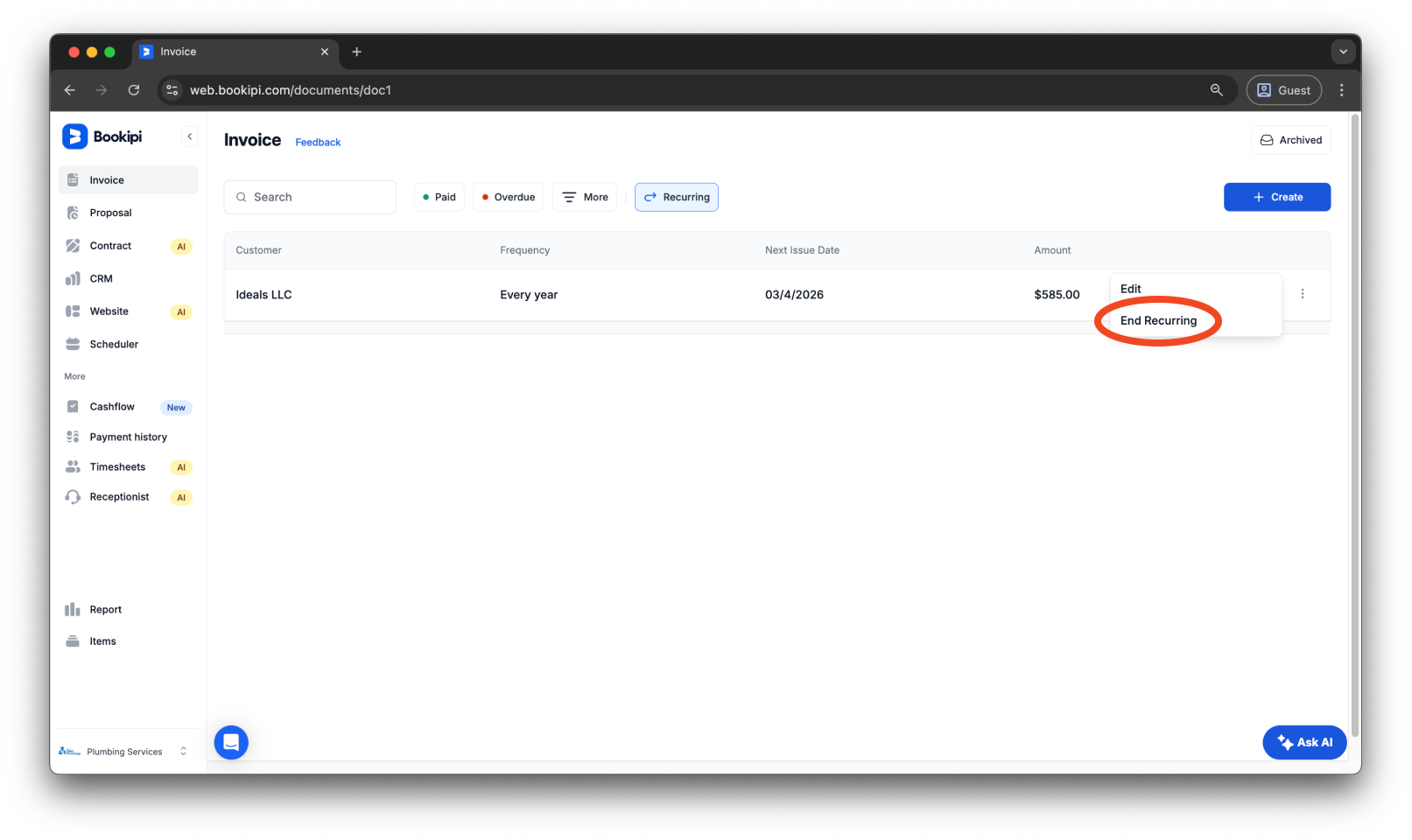 Invoice Web V2 - How to end a recurring invoice - 4