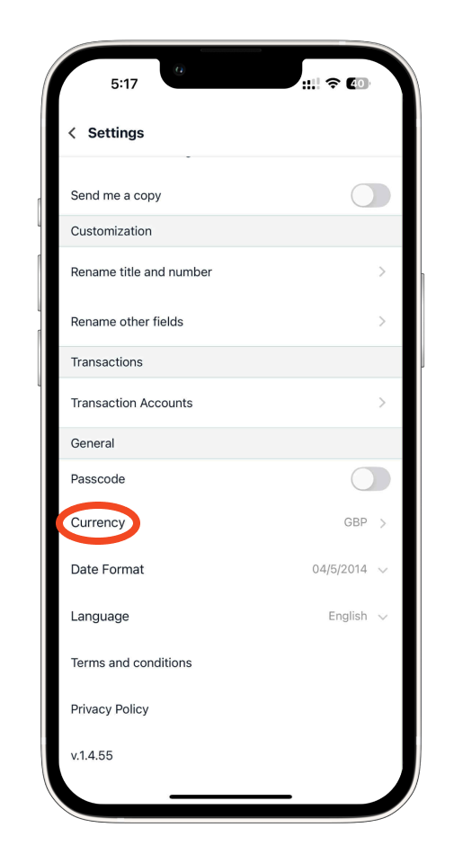 Invoice Mobile App - How to change the currency on the Mobile App - 3