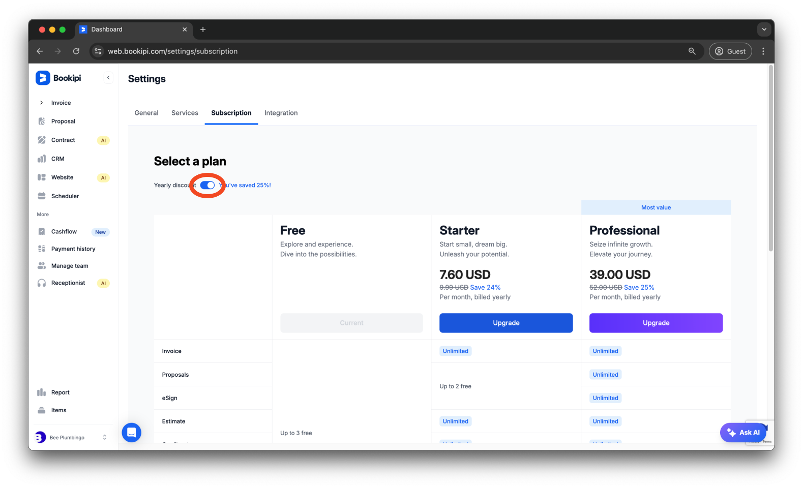 Bookipi Subscriptions - How to upgrade from a Free Plan to a Starter Plan Subscription - 6
