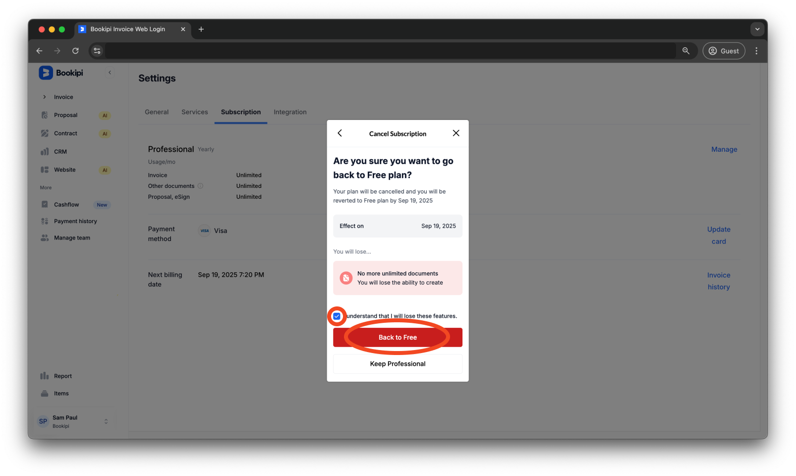 Bookipi Subscriptions - How to cancel a subscription - 6