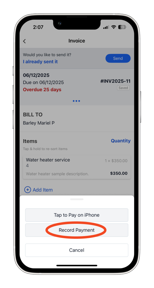 Invoice Mobile App - How to record a partial payment - 3
