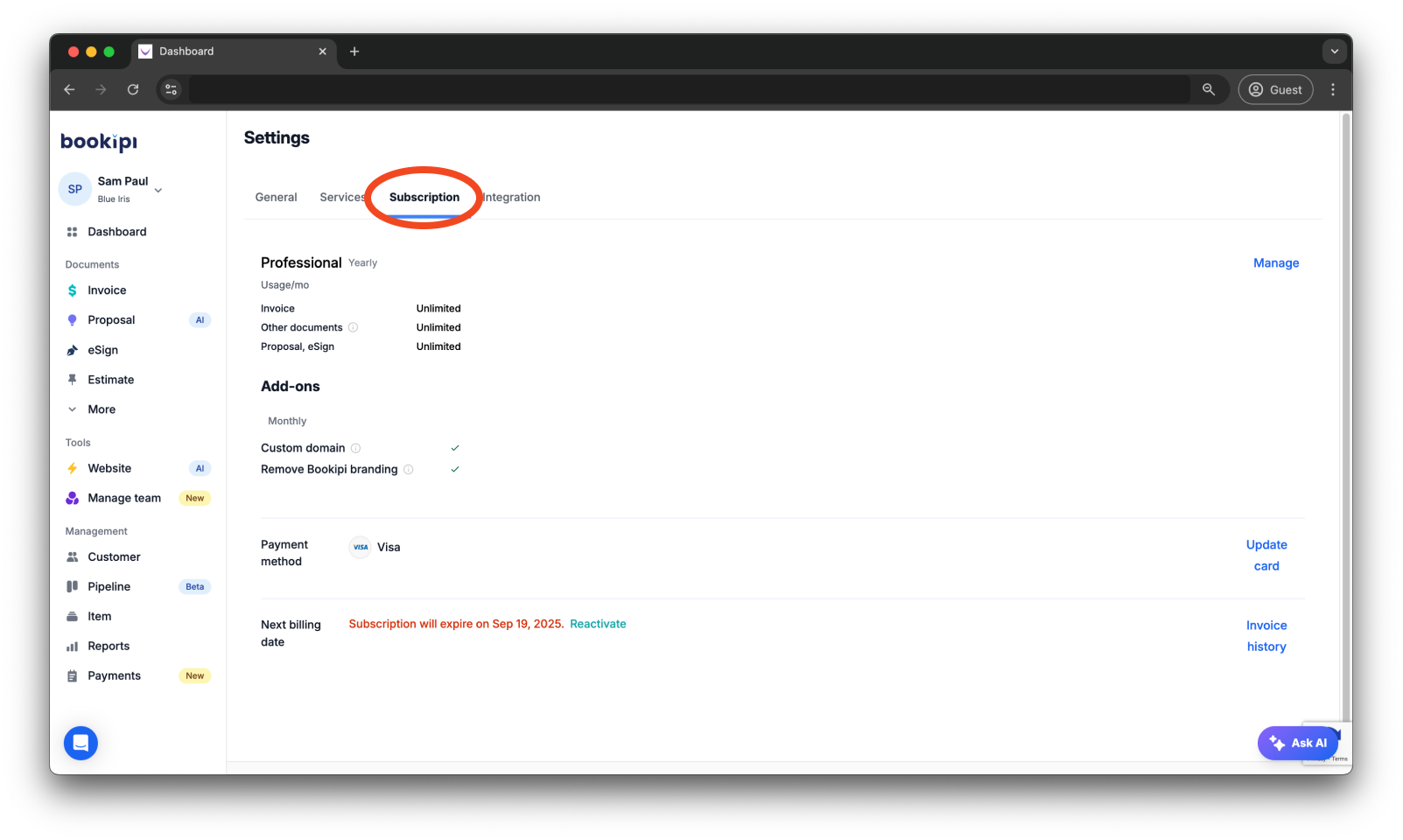 Bookipi Subscriptions - How to update your billing information for subscriptions - 3