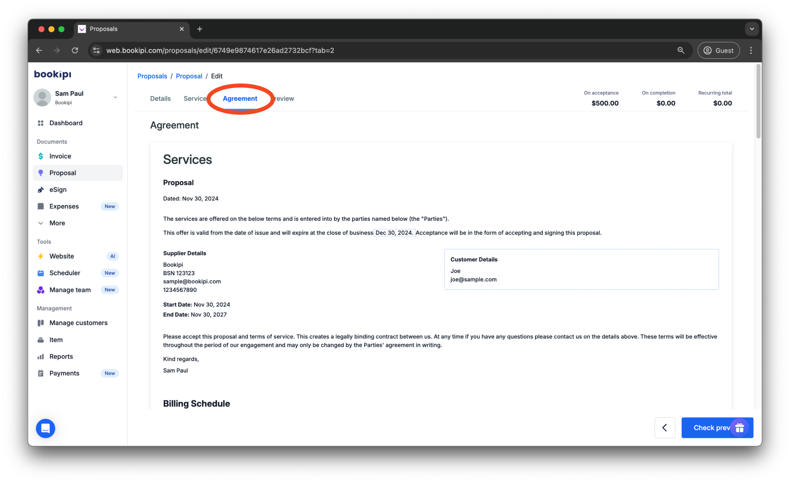 Bookipi Proposal Maker - How to set the terms and conditions for proposals - 3
