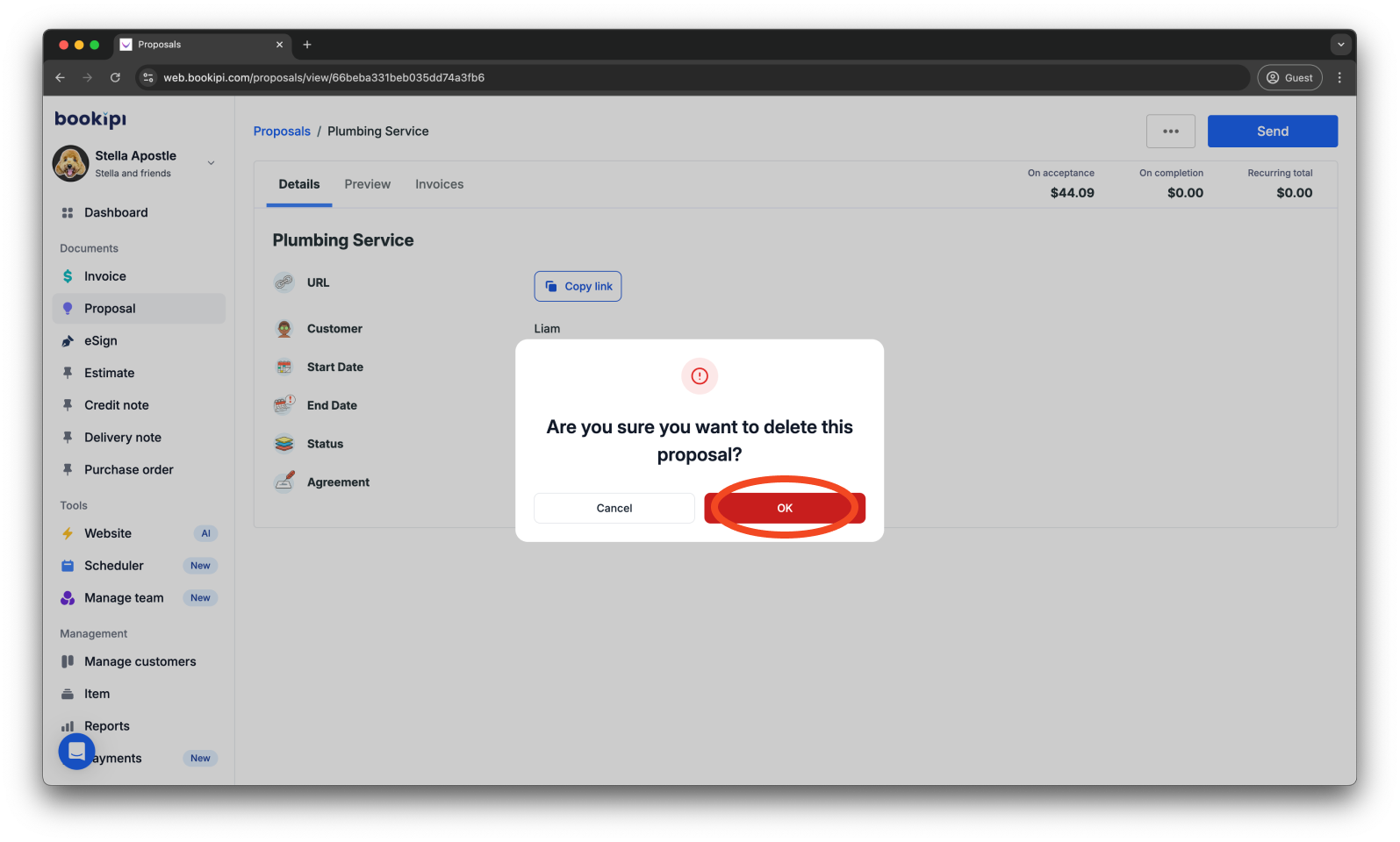 Bookipi Proposal Maker - How to delete a proposal on the Web App - 5