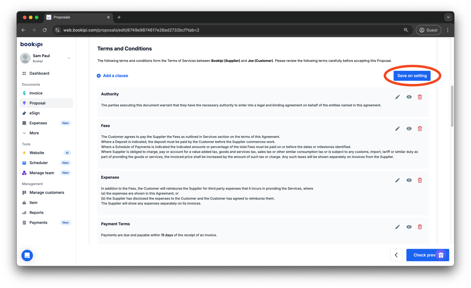 Bookipi Proposal Maker - How to set the terms and conditions for proposals - 12