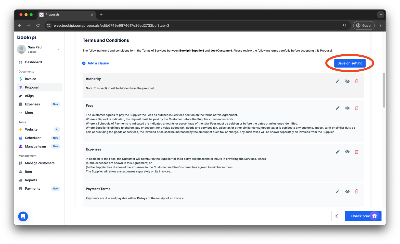 Bookipi Proposal Maker - How to set the terms and conditions for proposals - 14