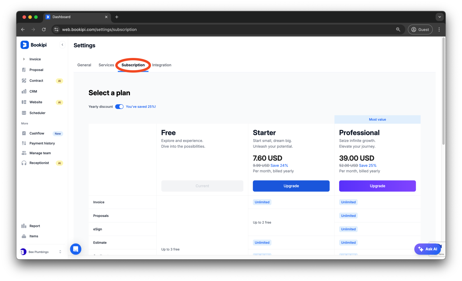 Bookipi Subscriptions - How to upgrade from a Free Plan to a Starter Plan Subscription - 5