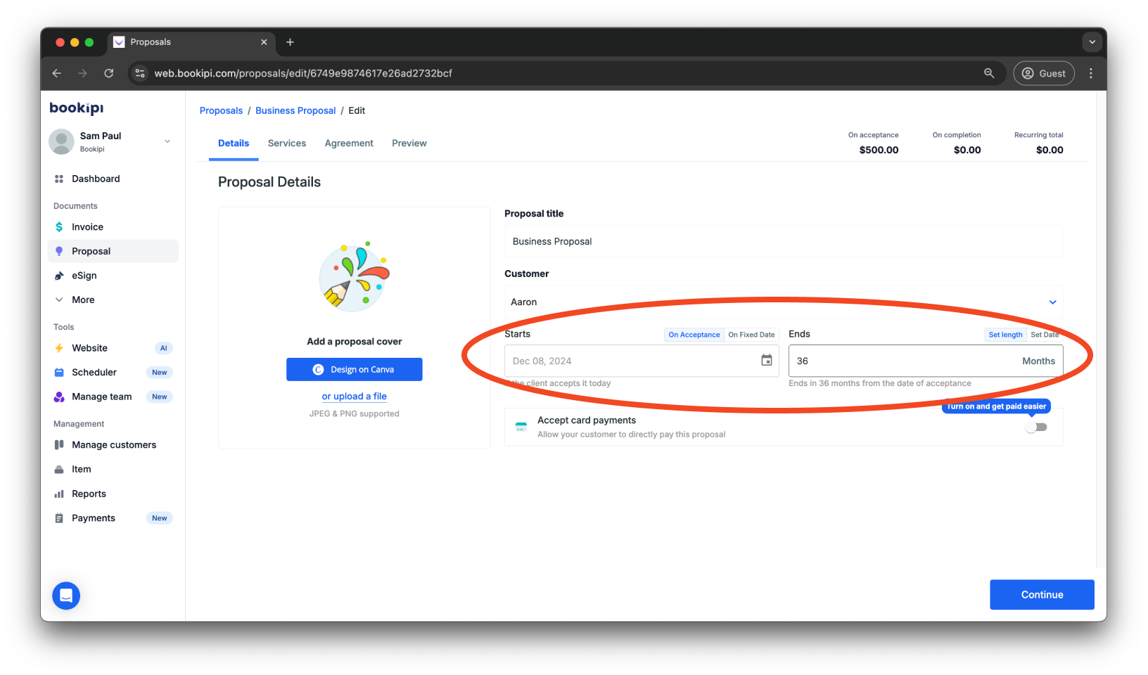 Bookipi Proposal Maker - How to set contract length of proposals - 4