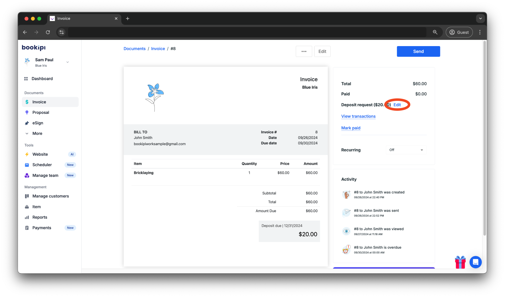 Invoice Web V2 - How to edit a deposit request - 3