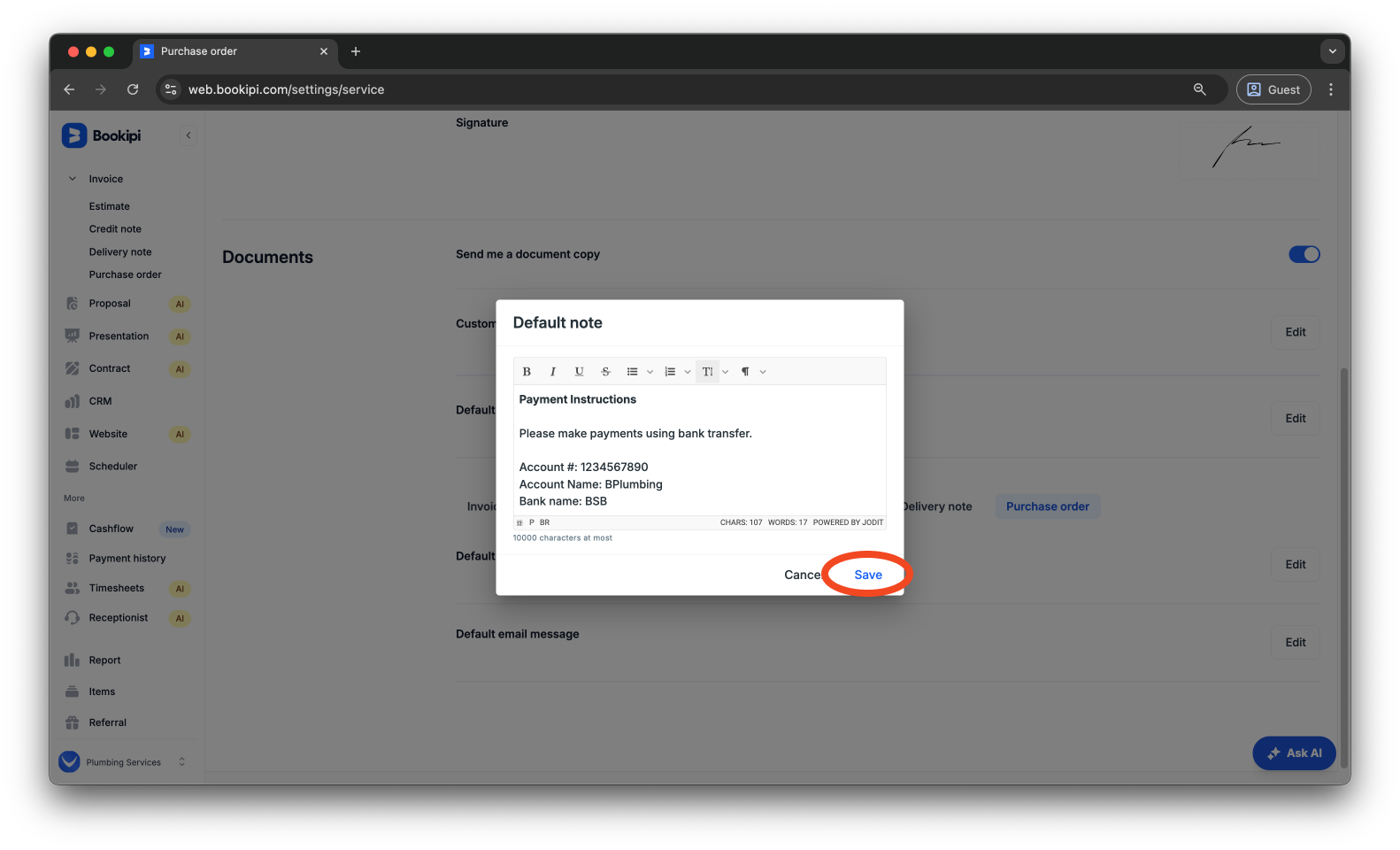 Invoice Web V2 - How to add bank details as notes on the Web App - 8