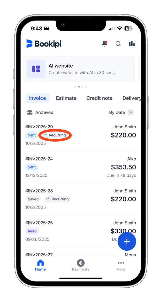 Uncategorized - How to set up a Recurring Invoice in the Bookipi Mobile App - 16