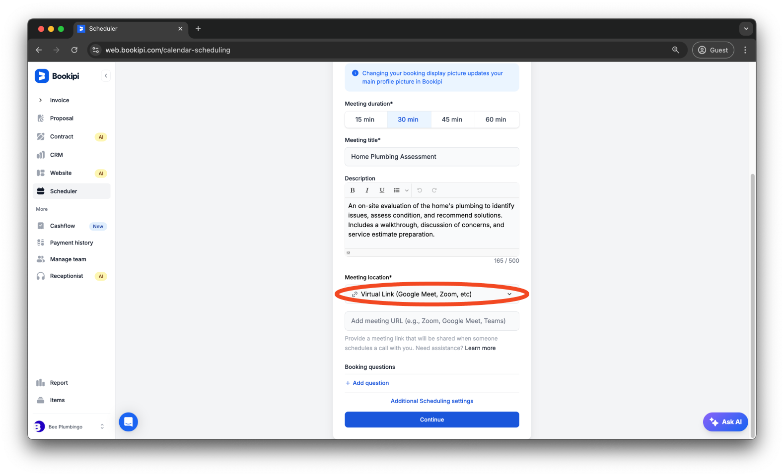 Invoice Web V2 - How to set up your calendar and add a meeting link to your event using Bookipi Scheduler - 10