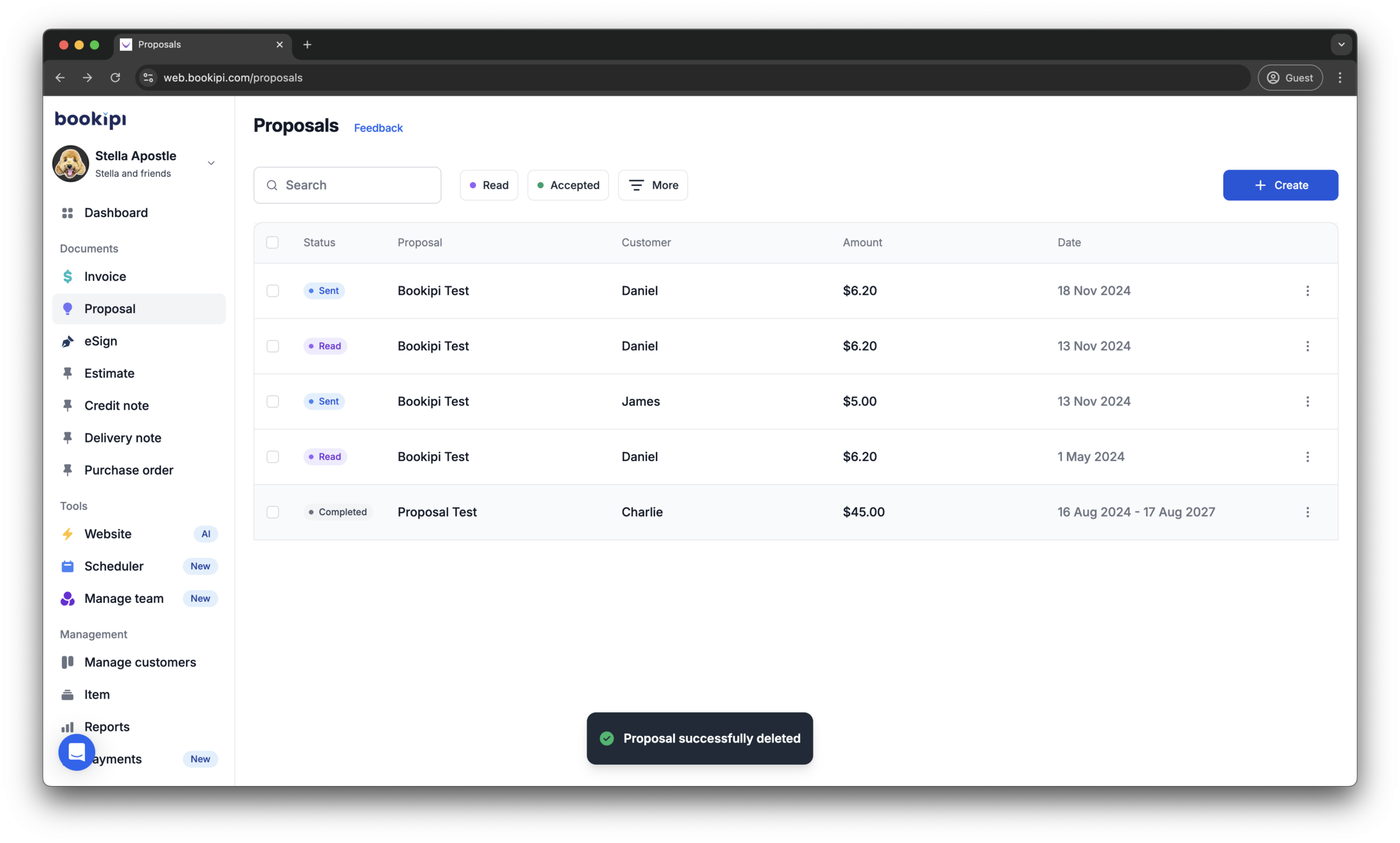 Bookipi Proposal Maker - How to delete a proposal on the Web App - 6
