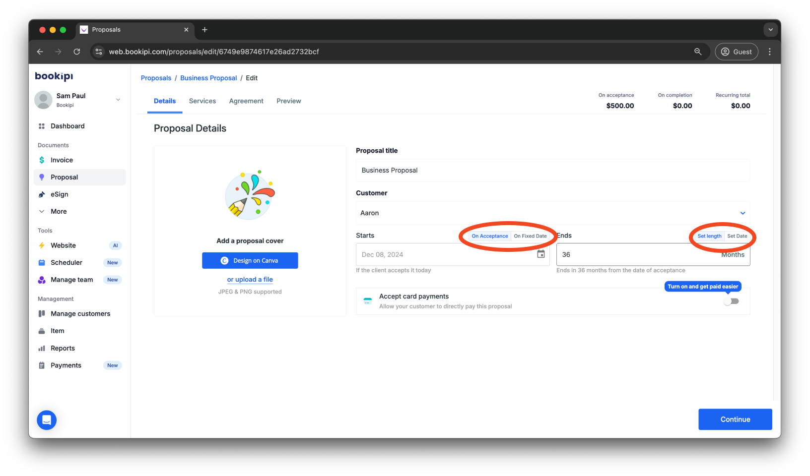 Bookipi Proposal Maker - How to set contract length of proposals - 5