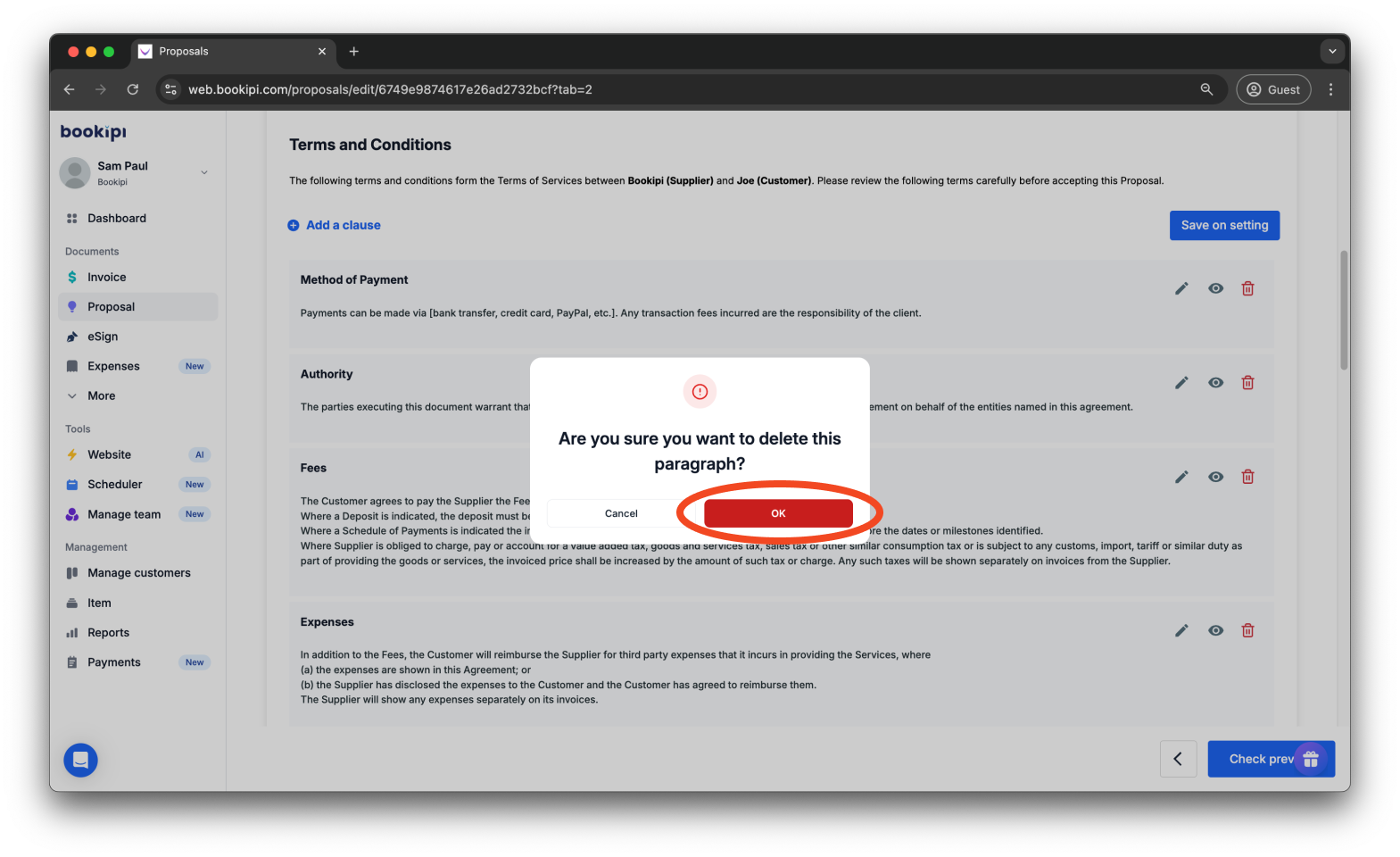 Bookipi Proposal Maker - How to set the terms and conditions for proposals - 16