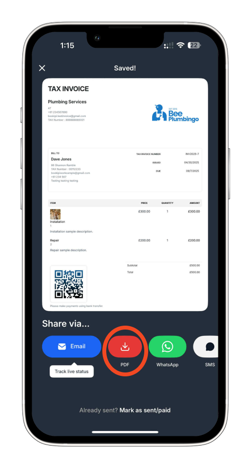 Invoice Mobile App - How to send an invoice as a PDF - 4