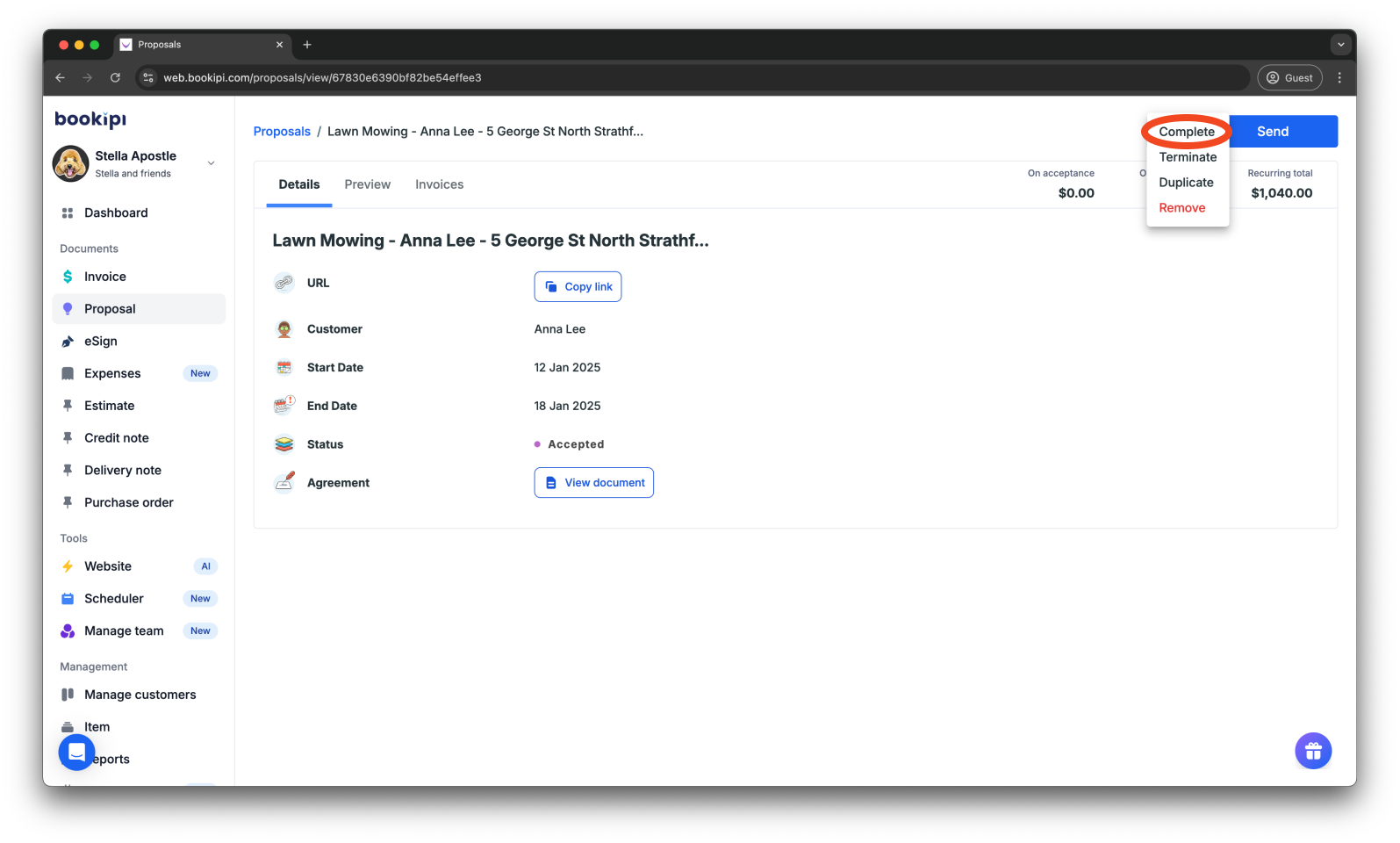 Bookipi Proposal Maker - How to complete an accepted proposal - 4