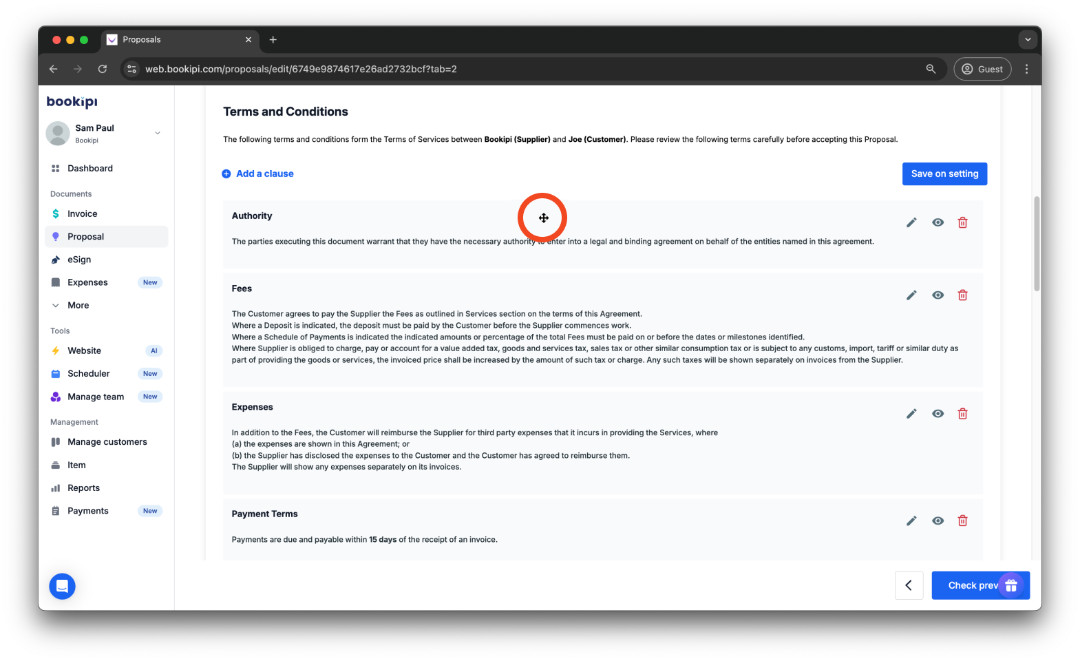 Bookipi Proposal Maker - How to set the terms and conditions for proposals - 18